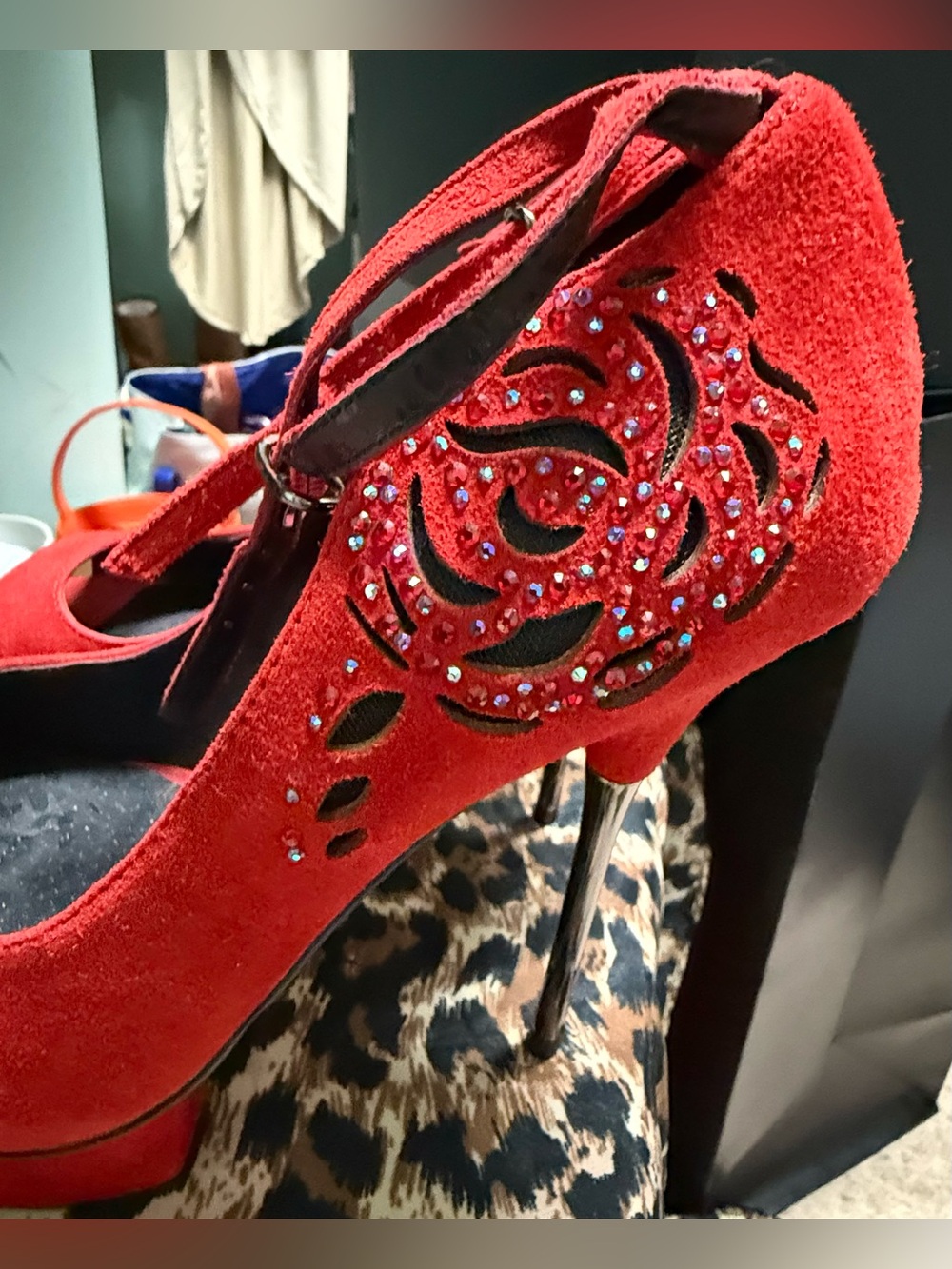 Betsy Johnson Women’s Red Suede Peep-Toe Platform Heels with Ankle Strap - Picture 3 of 11